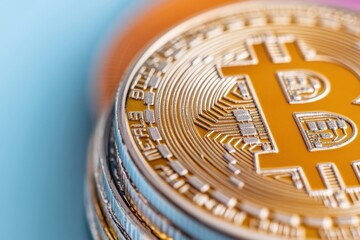 Aufkleber - Next-Gen Fintech Visualization Metallic Bitcoin Coin on High-Resolution Circuit Board - Cutting-Edge Cryptocurrency Investment and Digital Asset Exploration