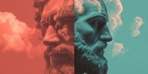 Aufkleber - Dual-Tone Mindfulness Concept Philosophical AI-Generated Portrait Exploring Cognitive Duality, Mental Health, and Neurodiverse Emotional Landscapes for Gen Z Wellness Content
