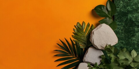 Poster - Minimalist Botanical Aesthetic Organic Stone and Tropical Leaf Composition - Contemporary Design Inspiration for Wellness Branding and Digital Content Creation