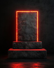 Poster - Futuristic Dark Luxury Podium Cinematic Industrial Design with Neon Red LED Illumination - Next-Gen Product Showcase for Immersive Digital Experiences