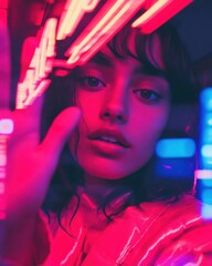 Poster - Cyber Chic Aesthetic Gen Z Digital Portrait in Neon Synthwave Lighting - Immersive Visual Content for Next-Gen Creative Branding and Emotional Storytelling