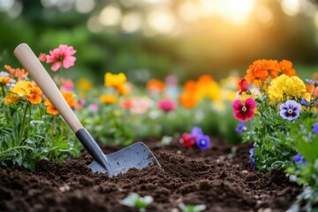 gardening bliss a shovel resting in rich soil amidst vibrant flowers under warm sunlight capturing t