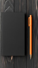 Poster - Minimalist Productivity Essentials Black Spiral Notebook and Bold Orange Pen on Dark Woodgrain - Modern Workspace Design for Creative Professionals and Digital Minimalism
