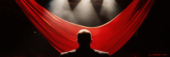Poster - Minimalist Performance Narrative Dramatic Stage Spotlight Revealing Silhouetted Performer in Red Theatrical Aesthetic - Contemporary Arts and Creative Expression Storytelling