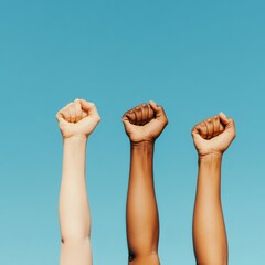 Poster - Inclusive Diversity and Empowerment Multicultural Solidarity Raised Fists Against Minimalist Blue Sky - Gen Z Social Justice Visual Campaign