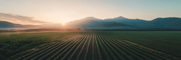 Leinwandbilder - Climate-Smart Agriculture Panorama Golden Sunrise Over Precision-Mapped Farmland Revealing Sustainable Food Production Strategies and Regenerative Landscape Innovation