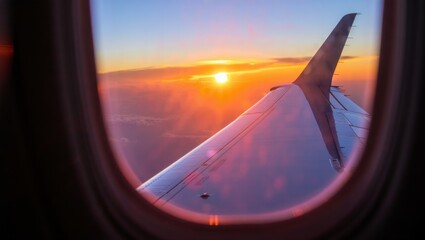 Wall Mural - a view of the wing of an airplane as the sun sets