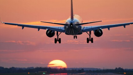 Wall Mural - a large jetliner taking off from an airport runway at sunset