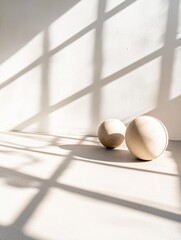 Aufkleber - Minimalist Serenity Neutral Ceramic Spheres Casting Geometric Shadows - Contemporary Design Aesthetic Exploring Texture, Light, and Spatial Harmony