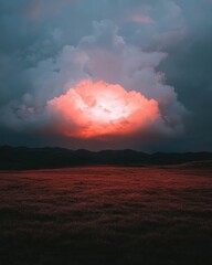 Poster - Ethereal Dramatic Landscape Moody Cinematic Cloud Illumination Over Crimson Terrain - Atmospheric Digital Storytelling for Premium Visual Content