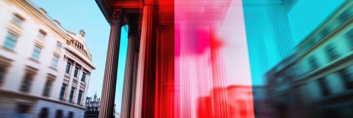 Aufkleber - Immersive Digital Transformation Vibrant Architectural Motion Blur Showcasing Financial Tech Evolution, Blending Classic Infrastructure with Futuristic Design Dynamics