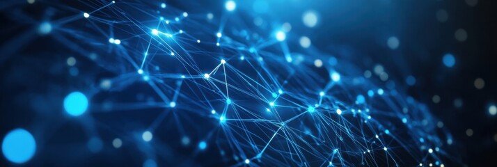 Poster - Futuristic digital financial network featuring interconnected glowing nodes on a dark blue gradient background in a high-tech fintech concept