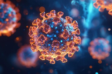Poster - Visualizing adeno-associated virus in biofluid with detailed textures and refracted light, showcasing protein subunits in a unique structure