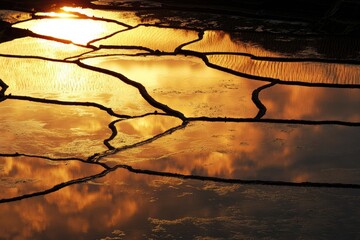 Aufkleber - Breathtaking view of flooded rice terraces reflecting golden sunset in intricate layers