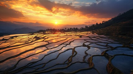 Aufkleber - Breathtaking view of flooded rice terraces reflecting a golden sunset with intricate layers of fields in a natural landscape