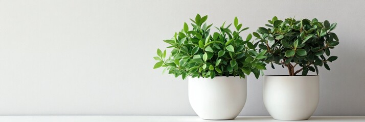 Poster - Elegant home decor featuring green plants in white ceramic vases against a neutral background for a modern aesthetic