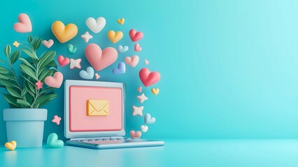 A laptop with a message icon on the screen surrounded by floating hearts and a potted plant, all set against a teal backdrop. This image is perfect for expressing love, romance.