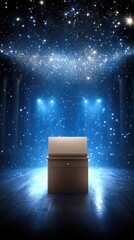 Wall Mural - lit stage. box in front of blue galaxy background. glowing stars in the sky, bright lights