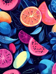 Aufkleber - Bold pop-art background with neon fruit illustrations, electric blue and pink glowing aesthetic defining a vibrant summer atmosphere