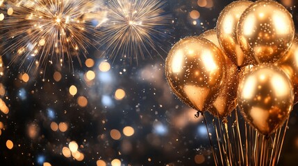 golden balloons with fireworks in the background. years of gold and new. balloons and fireworks at t