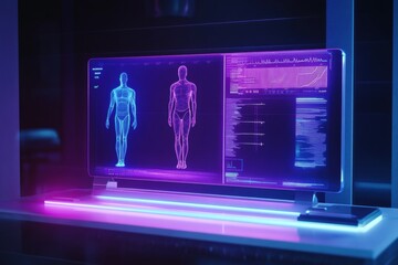 Leinwandbilder - Futuristic fitness tracking display showcasing calorie count and weight loss progress in a neon blue and purple aesthetic