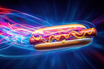 Poster - Futuristic hot dog flying with neon trails in a dynamic cyberpunk environment