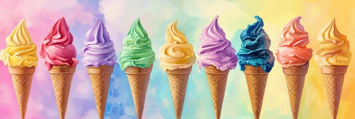 Aufkleber - Cheerful row of rainbow-colored ice cream cones showcasing vibrant flavors and glossy textures against a pastel backdrop