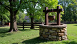 © Len_mik - Stone well with wooden bucket in green garden, rustic charm