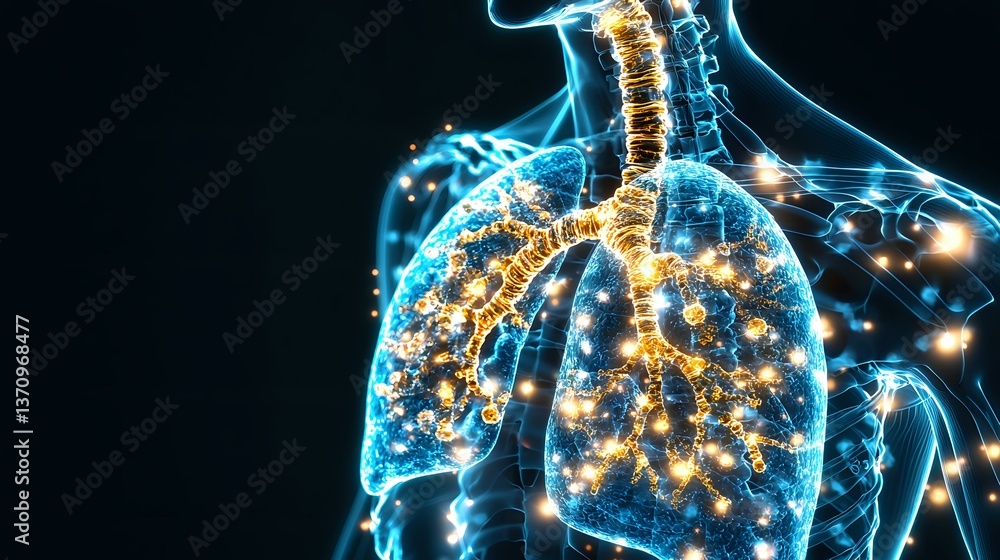 Glowing blue and gold human respiratory system showing lungs, bronchi ...