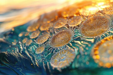 Wall Mural - abstract macro shot featuring golden, textured, flower-like patterns against a background of vibrant