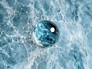 Wall Mural - a clear orb rests on a marbled blue surface with intricate web-like patterns, creating a serene and 