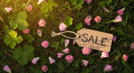  Sale tag on grass with pink flower petals