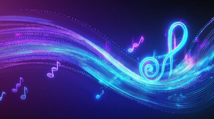 Wall Mural - A vibrant neon blue and purple treble clef with glowing, dynamic musical notes flowing like a wave. The futuristic light trails create a mesmerizing energy against a dark gradient background.