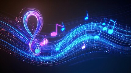 Wall Mural - A vibrant neon blue and purple treble clef with glowing, dynamic musical notes flowing like a wave. The futuristic light trails create a mesmerizing energy against a dark gradient background.