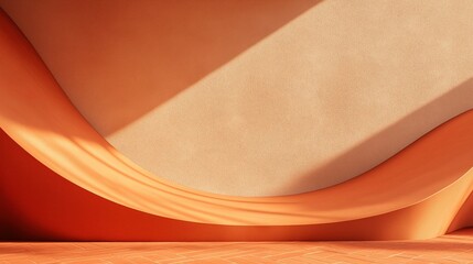 Wall Mural - An abstract, curved orange podium with a refined texture, surrounded by soft-moving shadow patterns. The terracotta flooring adds depth.