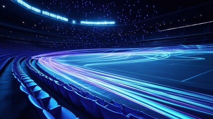 Wall Mural - An empty stadium at night, glowing with electric blue and purple light streams weaving through the seats. Floating luminous particles move in abstract loops.