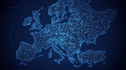 Wall Mural - polygonal vector map of europe with mesh spheres concept, minimalist blue style illustration, detail
