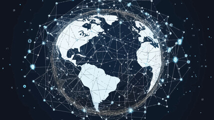 Wall Mural - abstract polygonal low poly earth with connecting dots and lines, wireframe futuristic global connec