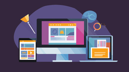 Flat Design Vector Illustration of Responsive Mobile and Desktop Website Development for User Experience and Interface Design