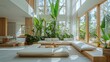 © SibteHUSSAIN - Tranquil biophilic design living space lush indoor plants large open windows sustainable natural materials soft diffused light creates a harmonious connection between nature and modern architecture