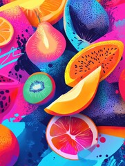 Fototapete - Bold pop-art background featuring neon fruit illustrations in electric blue and pink glowing aesthetic