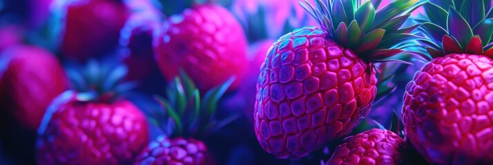 Fototapete - Bold pop-art style featuring neon fruit illustrations with electric blue and pink contrast creating a vibrant aesthetic environment