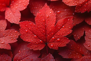 Wall Mural - Vibrant Red Autumn Leaves with Dewdrops - Nature's Seasonal Beauty for Print or Poster Design