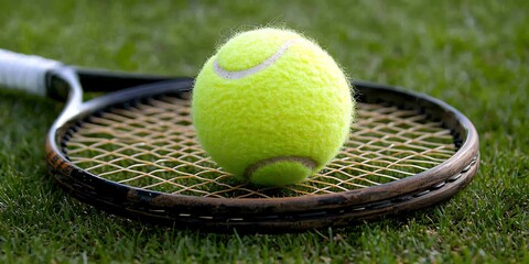 A tennis ball rests on a racket on a green grassy surface