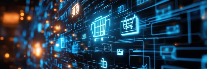 Fototapete - Futuristic digital landscape showcasing an advanced e-commerce marketplace with neon blue cybernetic elements and floating shopping icons