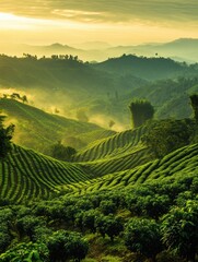 Aufkleber - Breathtaking panoramic view of coffee plantations at sunrise with rolling hills and morning mist in a lush landscape