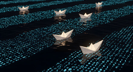 Paper Boats Sailing on a River of Binary Code, Digital Navigation Concept