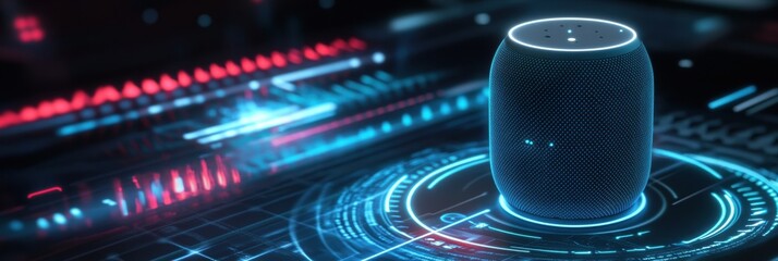 Fototapete - Futuristic purchase concept with voice assistant on interactive holographic platform and modern technology interface