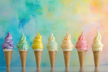 Aufkleber - Cheerful rainbow-colored ice cream cones in pastel background featuring various vibrant flavors and glossy textures