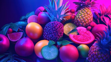 Aufkleber - Bold pop-art background with neon fruit illustrations creates a vibrant and lively aesthetic in electric blue and pink tones
